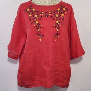 Women's Size M/L Red Hemp Blend Short Sleeve Round Neck Floral Embroidered Top